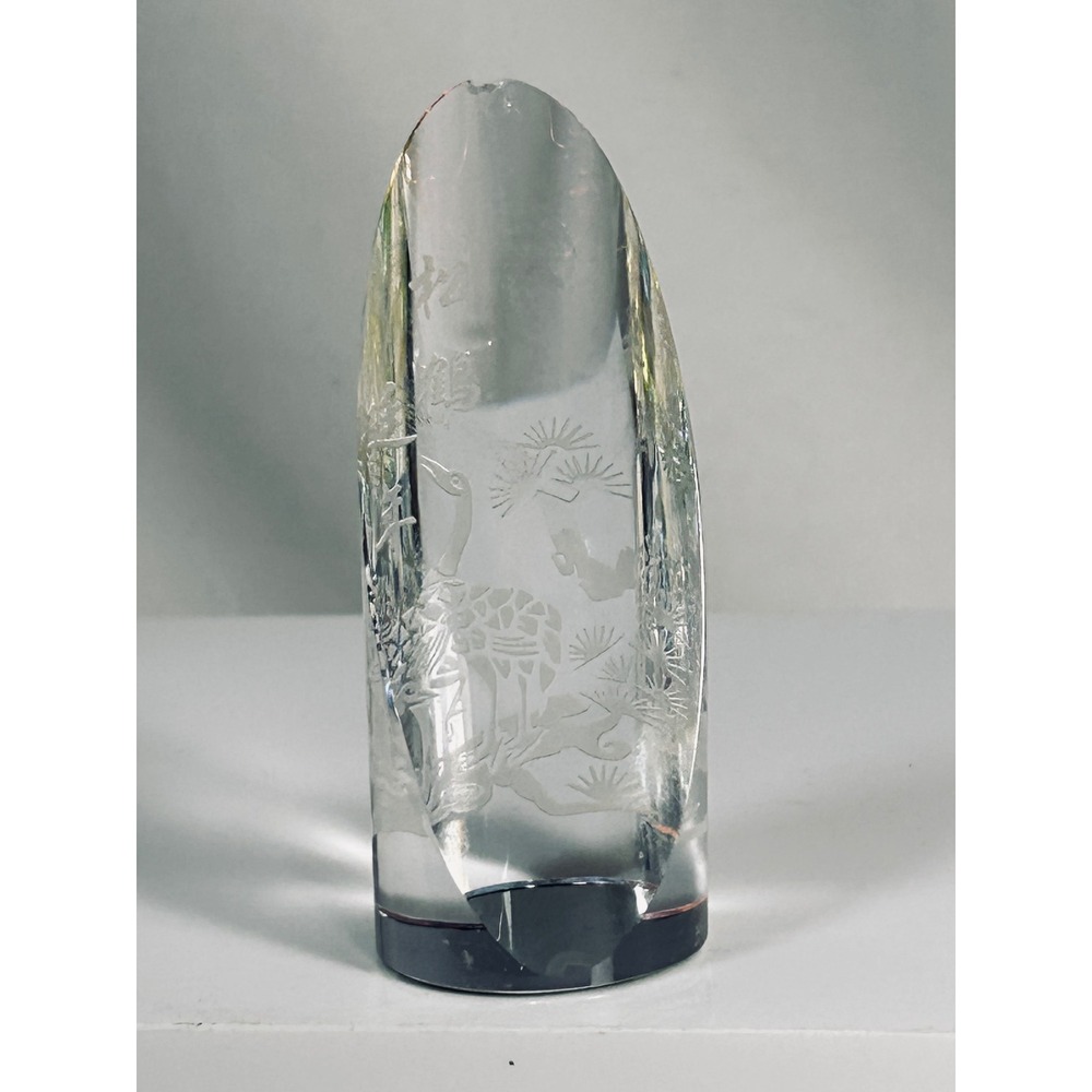 Vintage Etched Crystal Glass Crane Sculpture Asian Pine Tree Art Paperweight